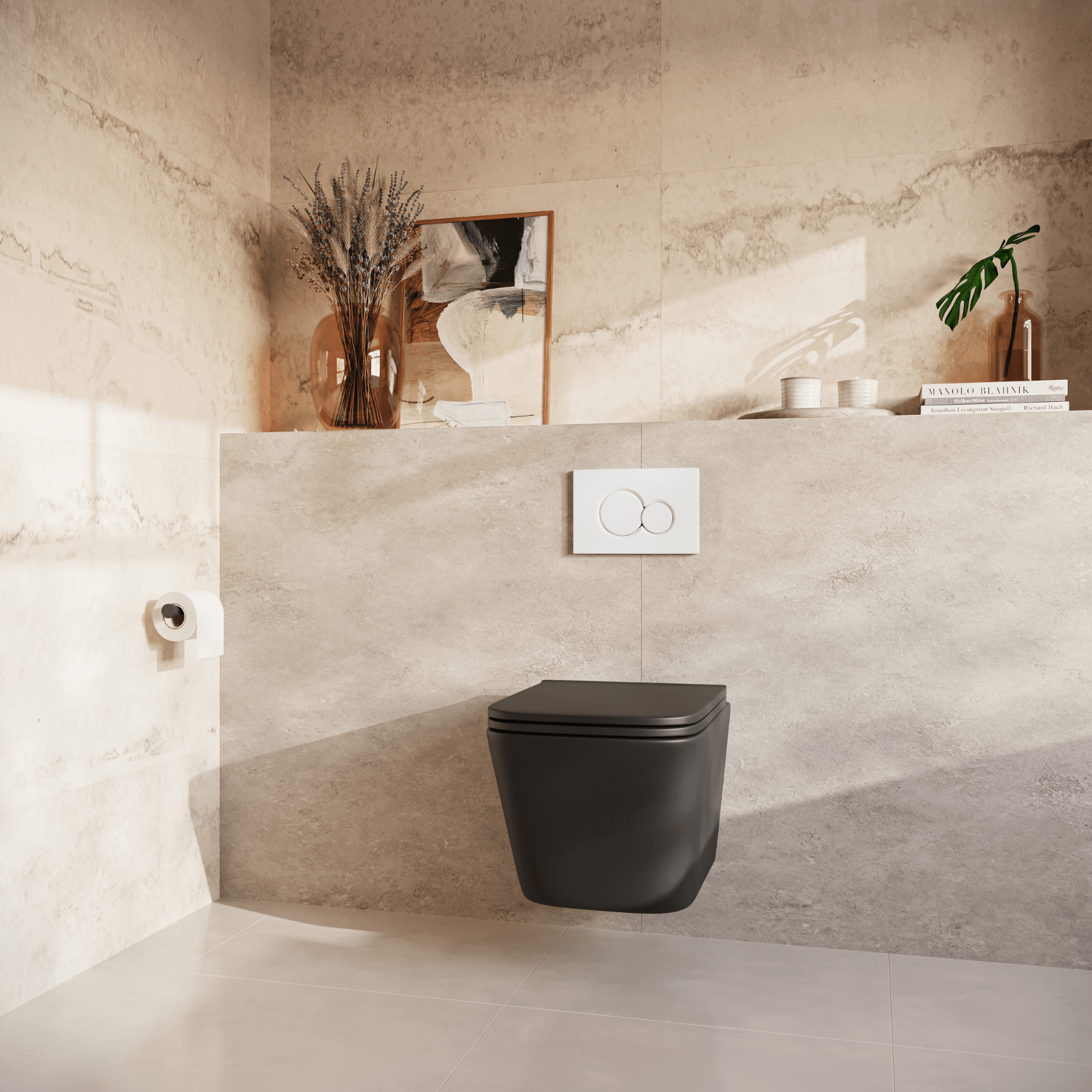 Hangtoilet met Inbouwreservoir - Vierkant Zwart - Drukplaat Rond Wit - Linea - lomazoo.com