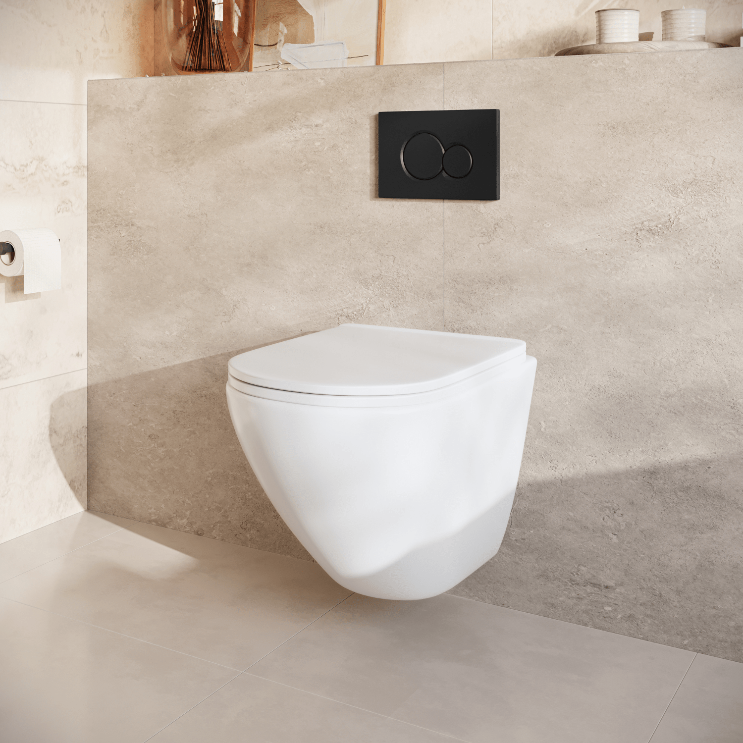 Hangtoilet met Inbouwreservoir - Rond Wit - Drukplaat Rond Zwart - Linea - lomazoo.com